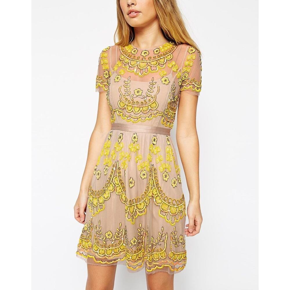 Embroidered Yellow Floral Mini Dress - Brand:
